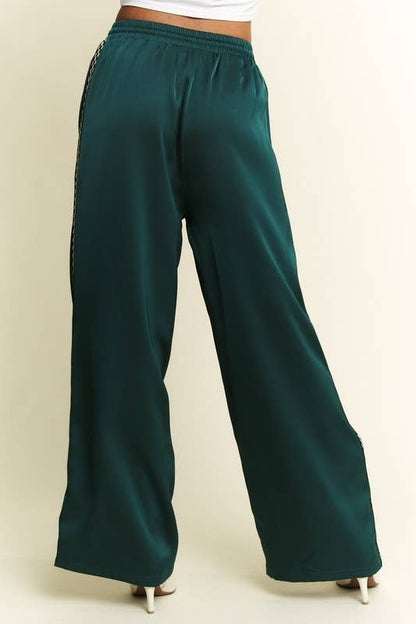 JADE BY JANE - SOLID SATIN SWEATPANTS WITH SIDE CHECKERBOARD TAPE