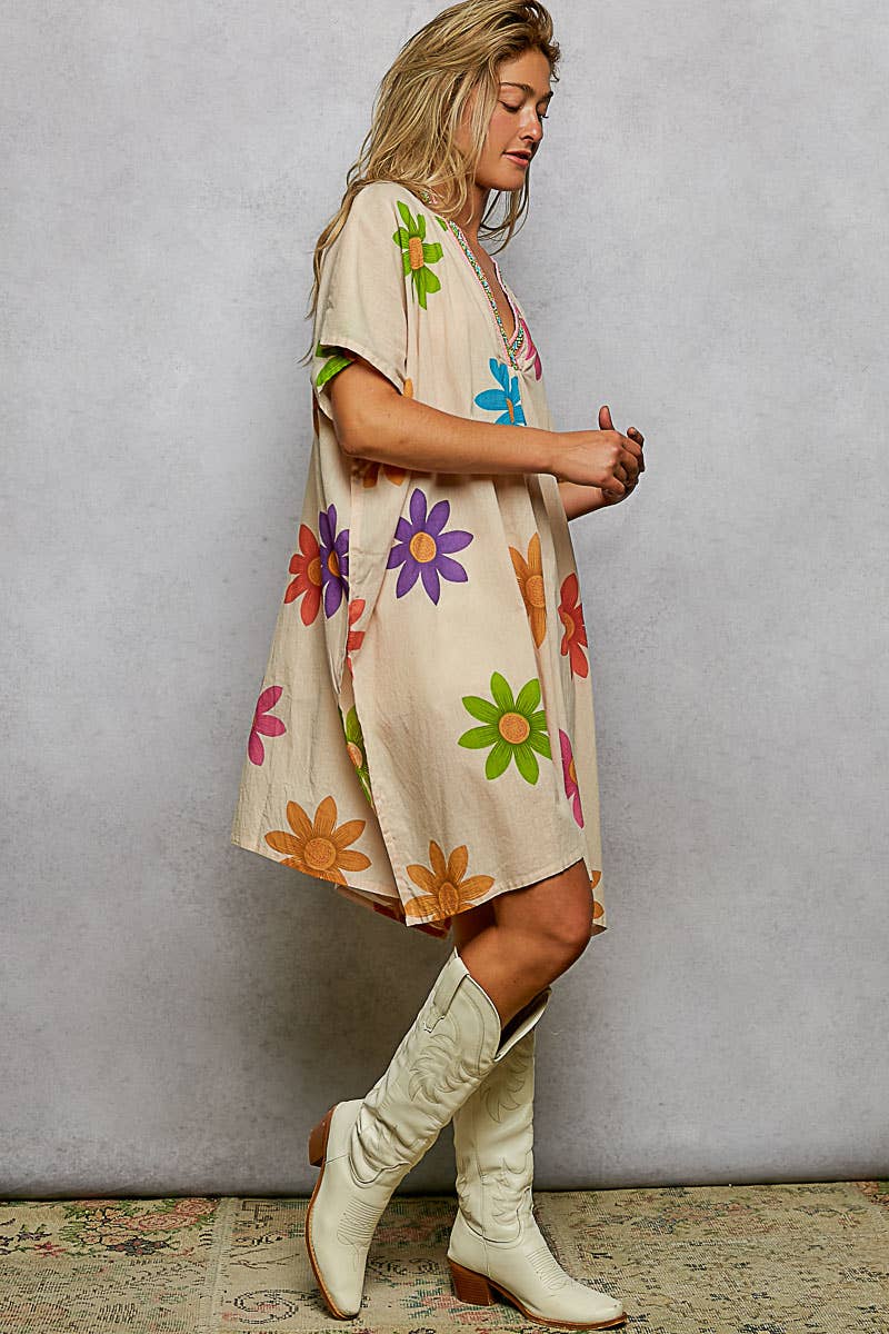 Pol Clothing - 1/2 Sleeve V neck Beads Trim Floral Printed Woven Dress