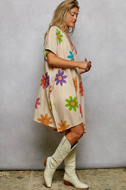 Pol Clothing - 1/2 Sleeve V neck Beads Trim Floral Printed Woven Dress