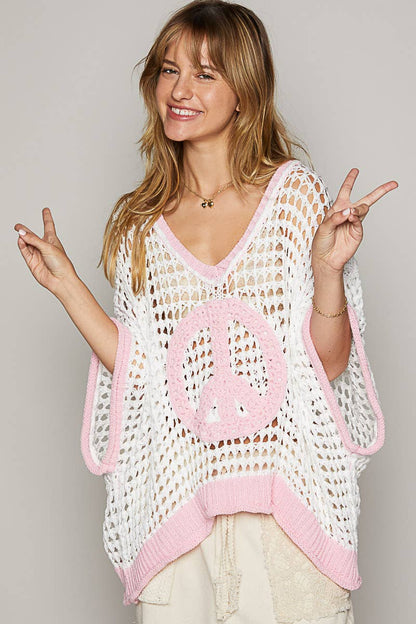Pol Clothing - Oversize V-neck short sleeve peace sign sweater