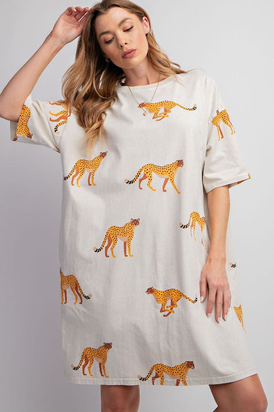 Ecru-MINERAL WASHED CHEETAH PRINT T SHIRT DRESS