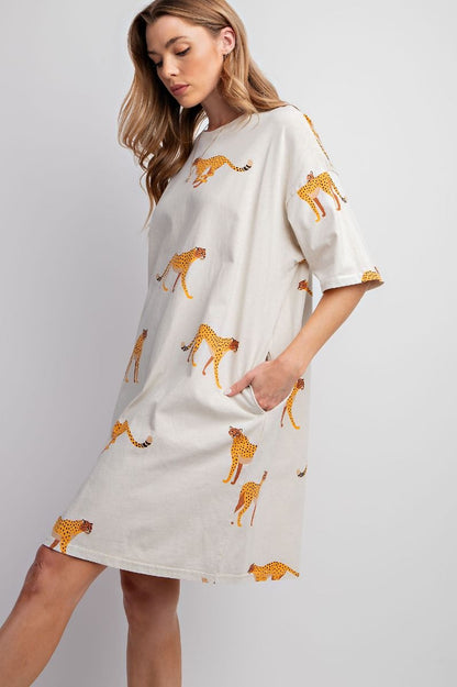 Ecru-MINERAL WASHED CHEETAH PRINT T SHIRT DRESS