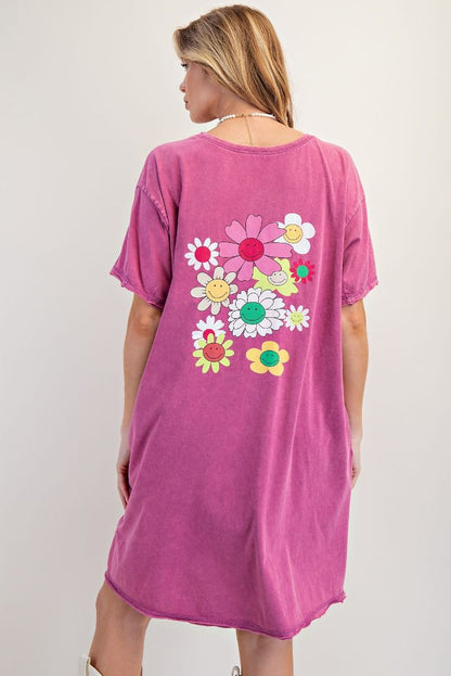 Orchid-SILK SCREEN FLORAL PRINT WASHED TUNIC DRESS