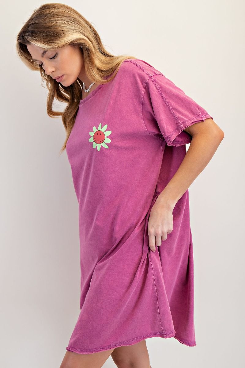 Orchid-SILK SCREEN FLORAL PRINT WASHED TUNIC DRESS