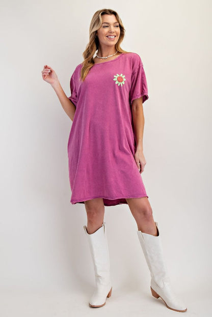 Orchid-SILK SCREEN FLORAL PRINT WASHED TUNIC DRESS