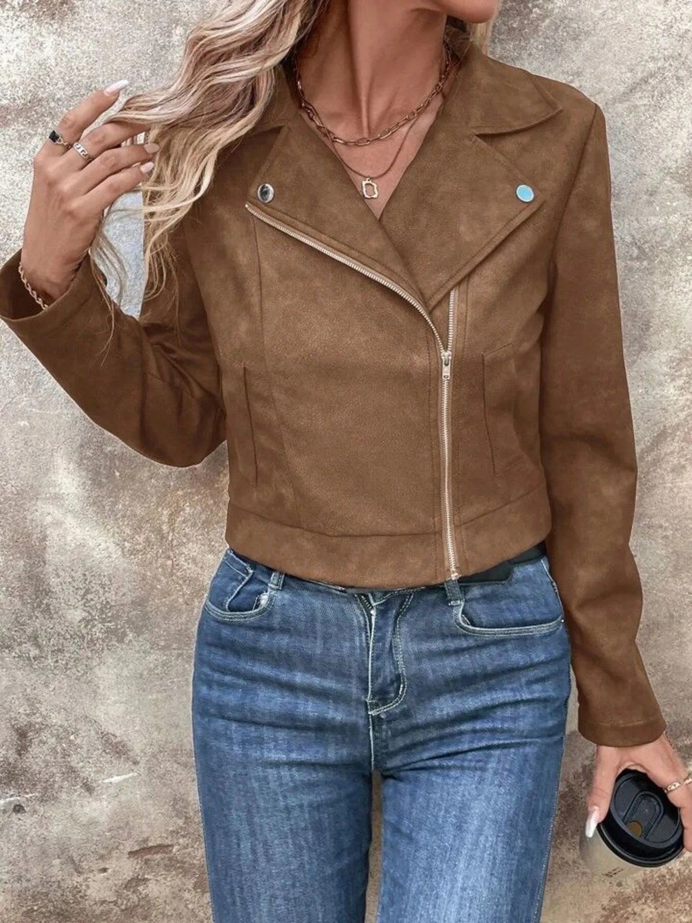 Zip Up Suede Cropped Moto Jacket