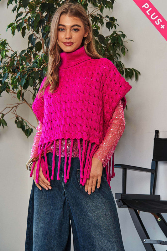 Viva Magenta Fringed Hem Turtleneck Sweater by Davi & Dani