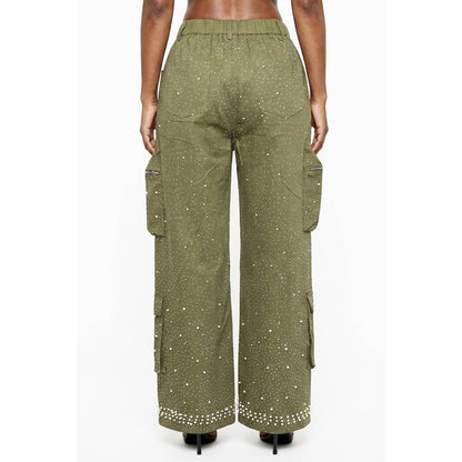 Pearl Embellished High Elastic Waisted Wide-Leg Cargo P