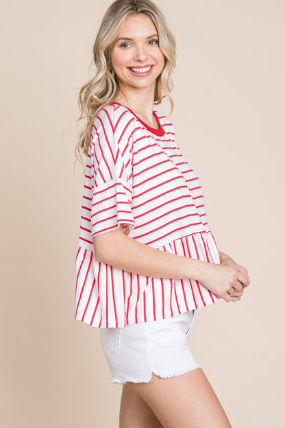 Coral Striped Babydoll Short Sleeve Top