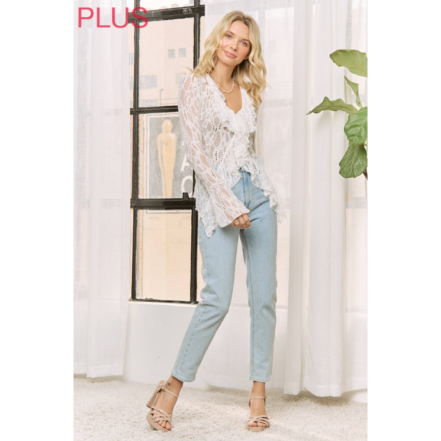 Sweet Generis - WHITE LACE RUFFLE V-NECKLINE TOP WITH LONG SLEEVES