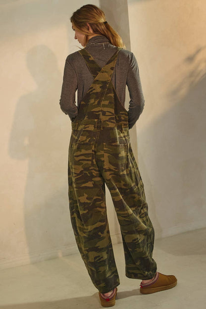 Oddi - Curvy Camo Denim Barrel Overall Jumpsuit