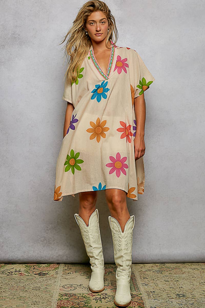 Pol Clothing - 1/2 Sleeve V neck Beads Trim Floral Printed Woven Dress