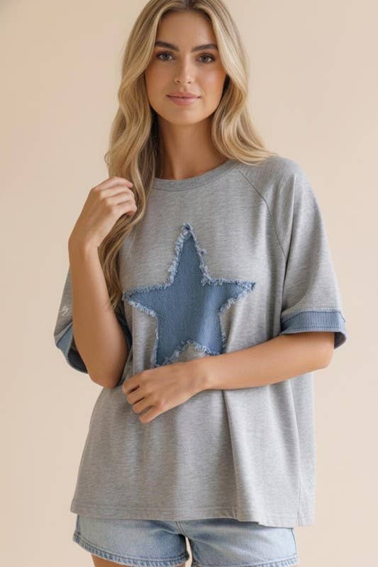 Denim Star Patchwork Washed French Terry Top