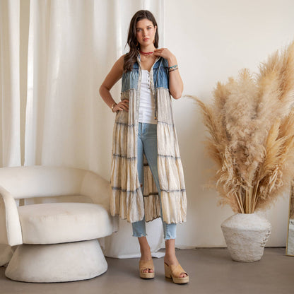 Boho Tiered Sleeveless Maxi Button-Front Duster With Hood 