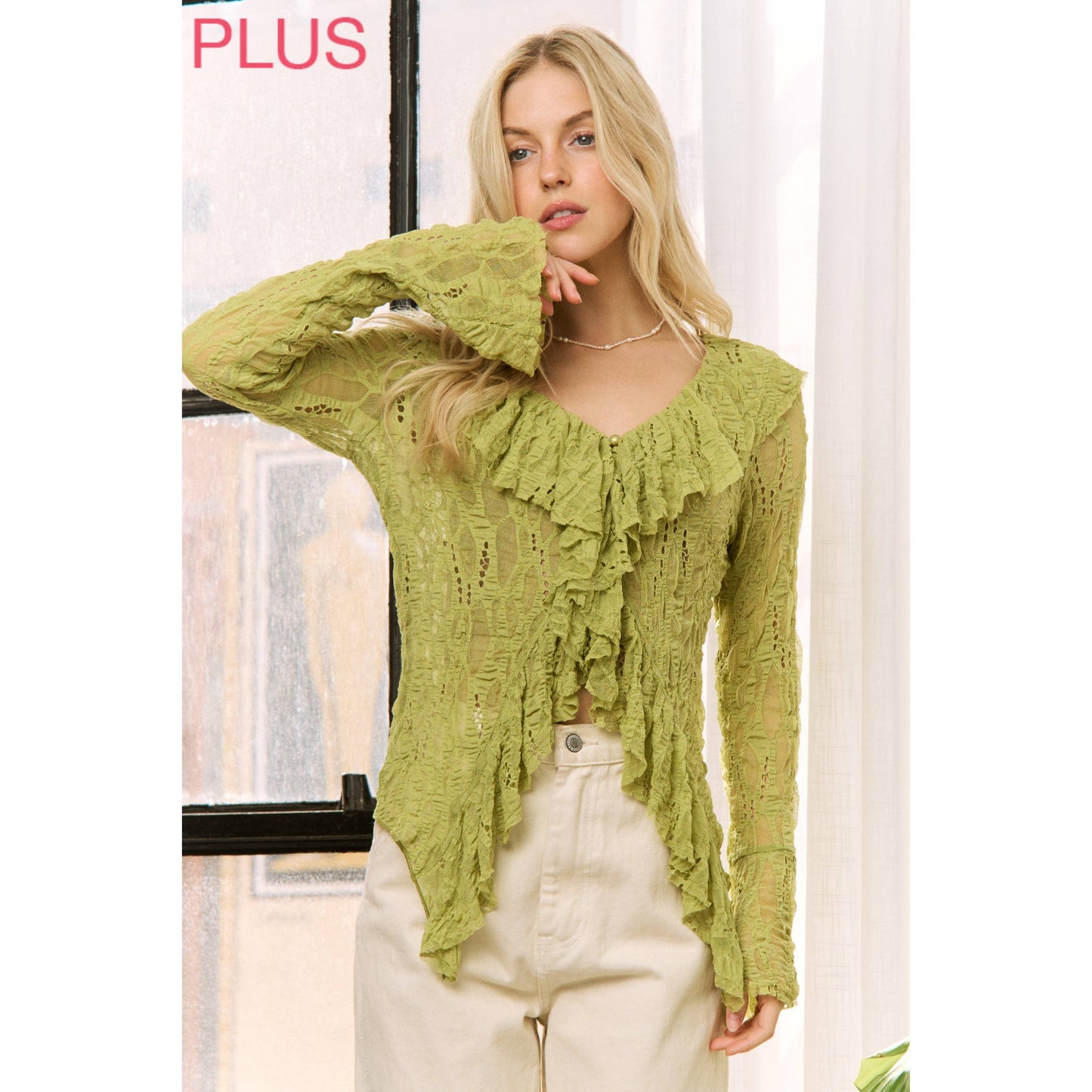 Sweet Generis - LIME GREEN LACE RUFFLE V-NECKLINE TOP WITH LONG SLEEVES