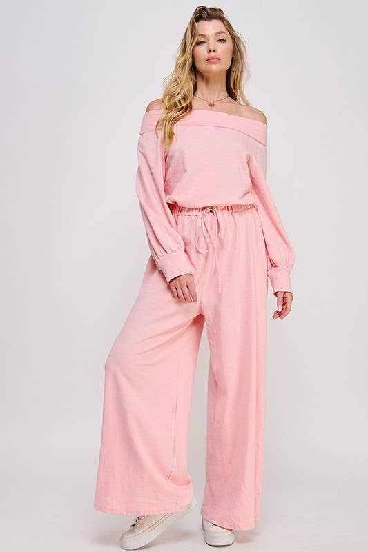 Curvy Line Off Shoulder Terry Knit Jumpsuit