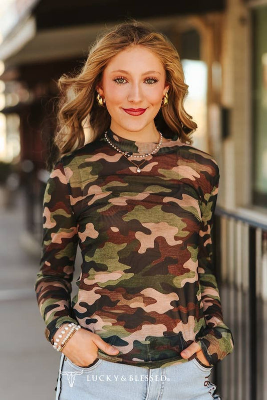 LUCKY & BLESSED - Camo Printed Long Sleeve Mesh Tops