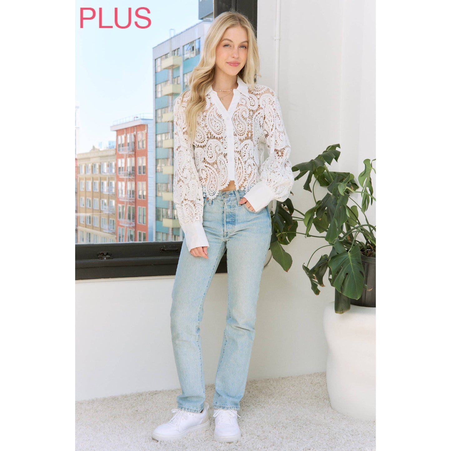 Sweet Generis - SHEER CROCHET SCALLOP EDGE CROP SHIRT BLOUSE