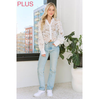 Sweet Generis - SHEER CROCHET SCALLOP EDGE CROP SHIRT BLOUSE