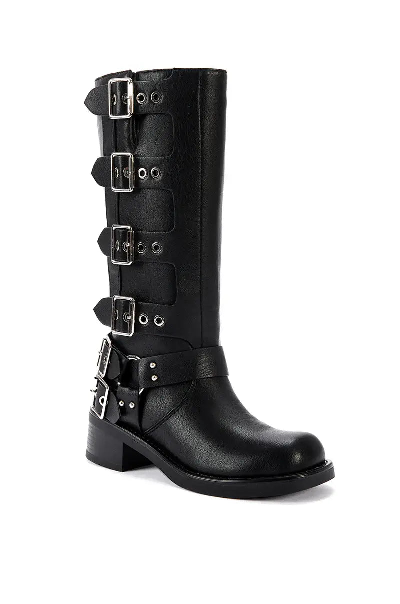 ***NEW ARRIVAL***BUCKLED UP-BLACK FLAT MOTO BOOT