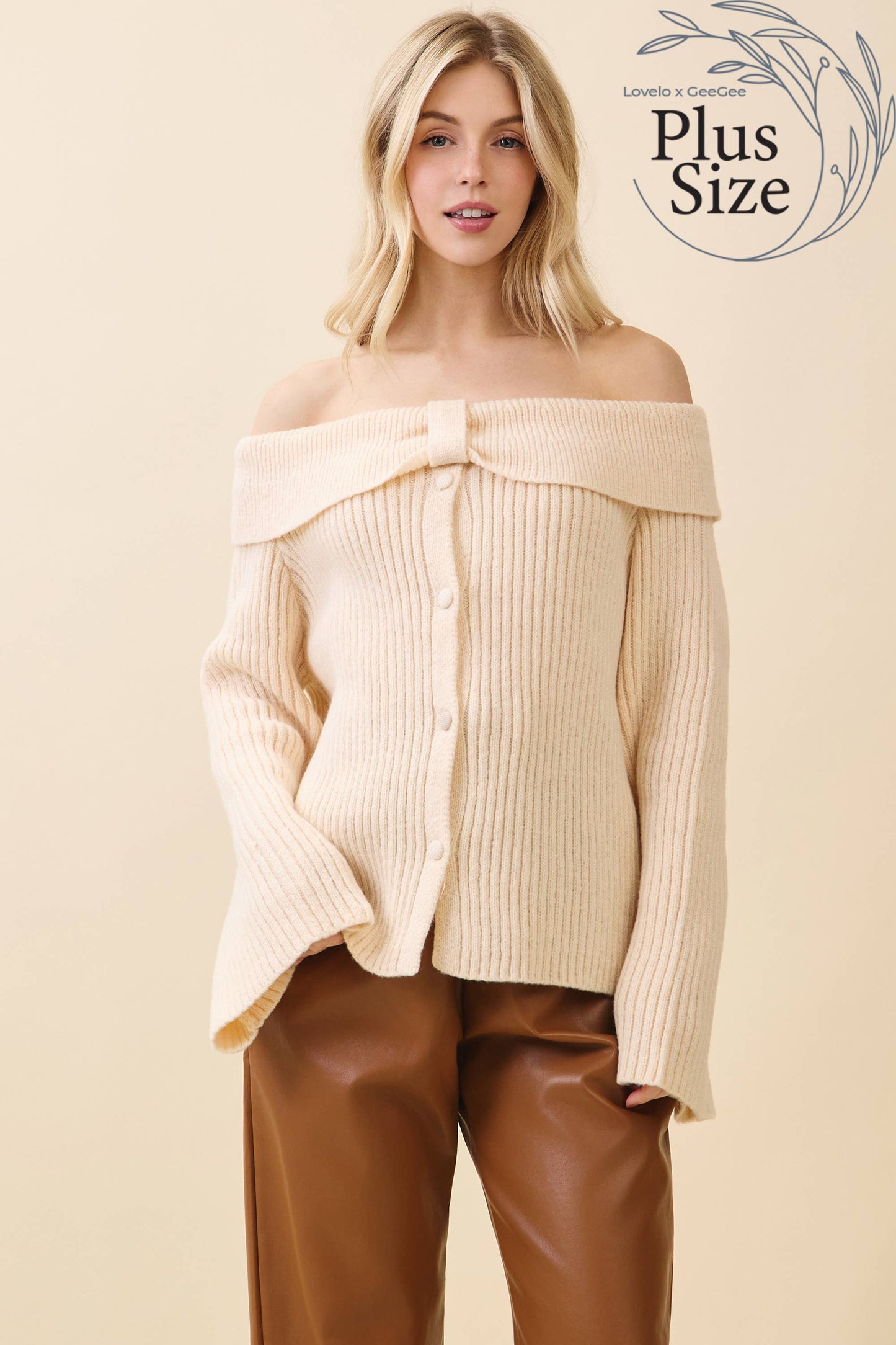 Cream- Curvy Elegant Off-Shoulder Ribbed Knit Top