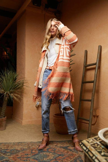 FRINGE GEOMETRIC STRIPE CARDIGAN