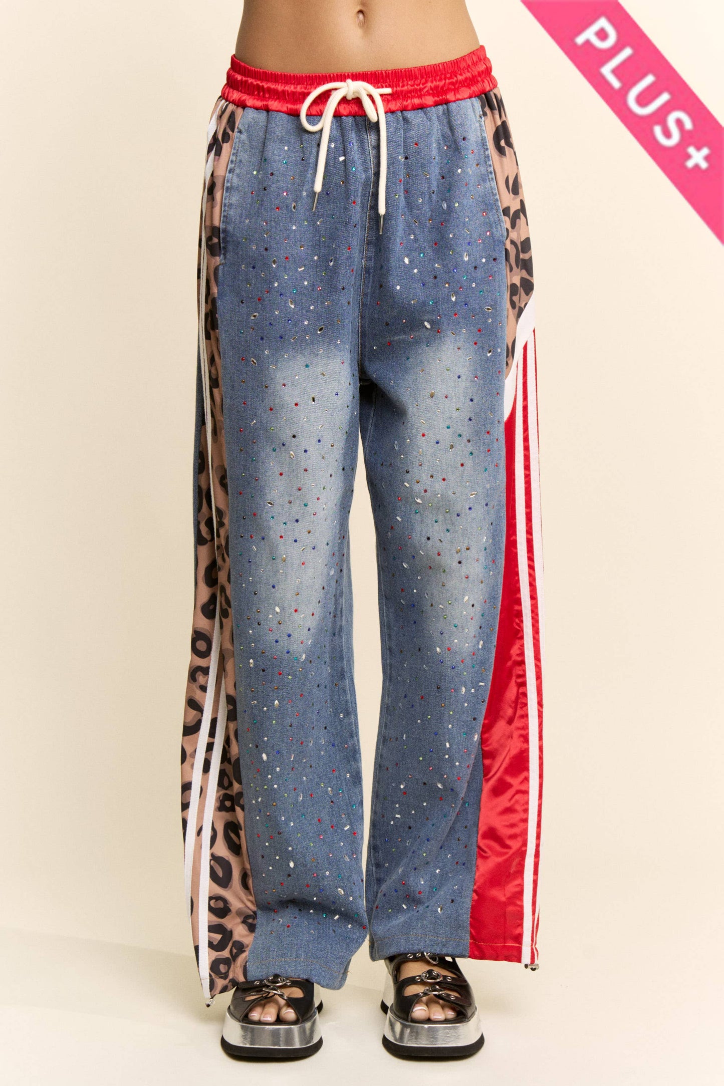 Davi & Dani - PLUS RHINESTONE JOGGERS CRYSTAL DENIM TRACK PANT