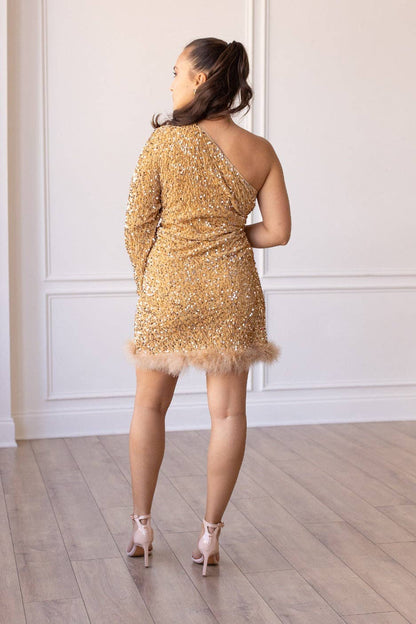 GRACE+EMMA-Feathered Opulence Sequin Dress in Gold