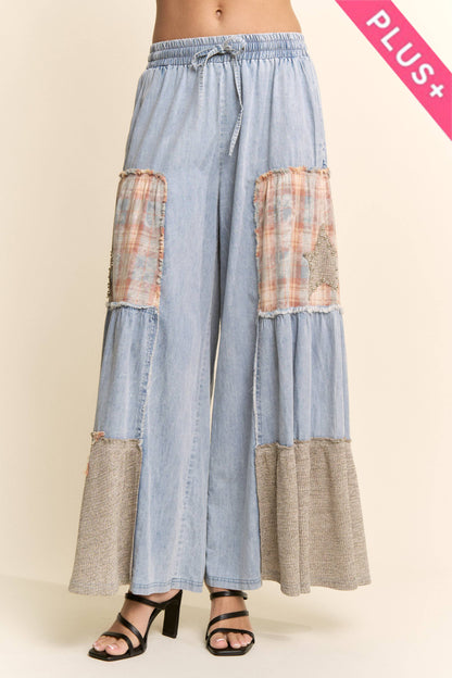 Davi & Dani - DENIM LACE BLOCKED WIDE LEG PANTS