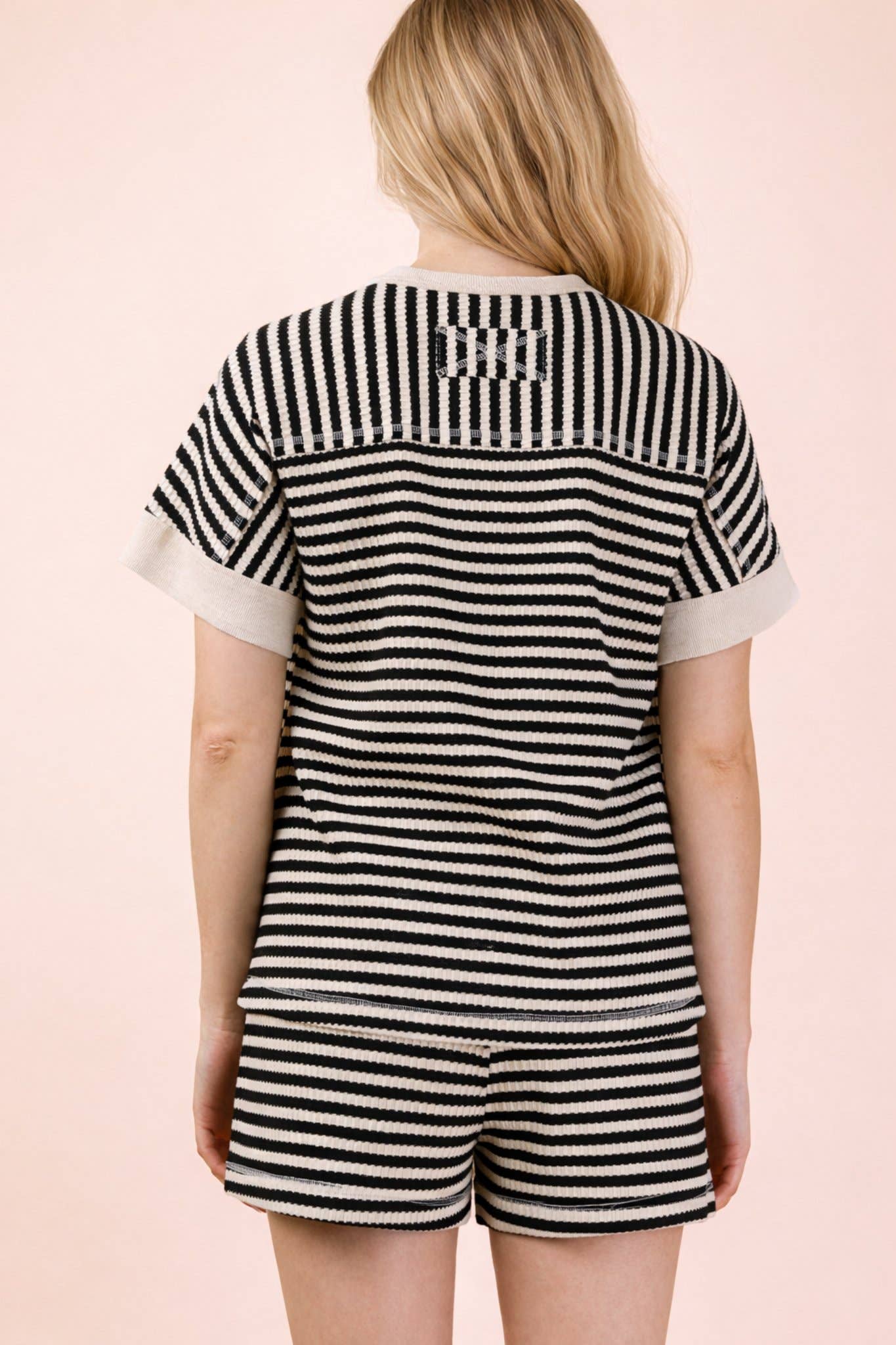 Black/Oatmeal Striped Comfy Knit Top & Shorts Set