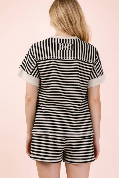 Black/Oatmeal Striped Comfy Knit Top & Shorts Set