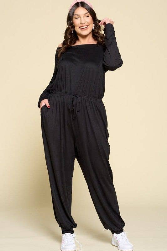 Curvy Black Off Shoulder Casual Jumpsuit