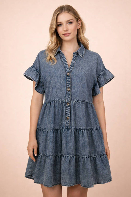 Chambray Mineral Washed Shirt Mini Dress