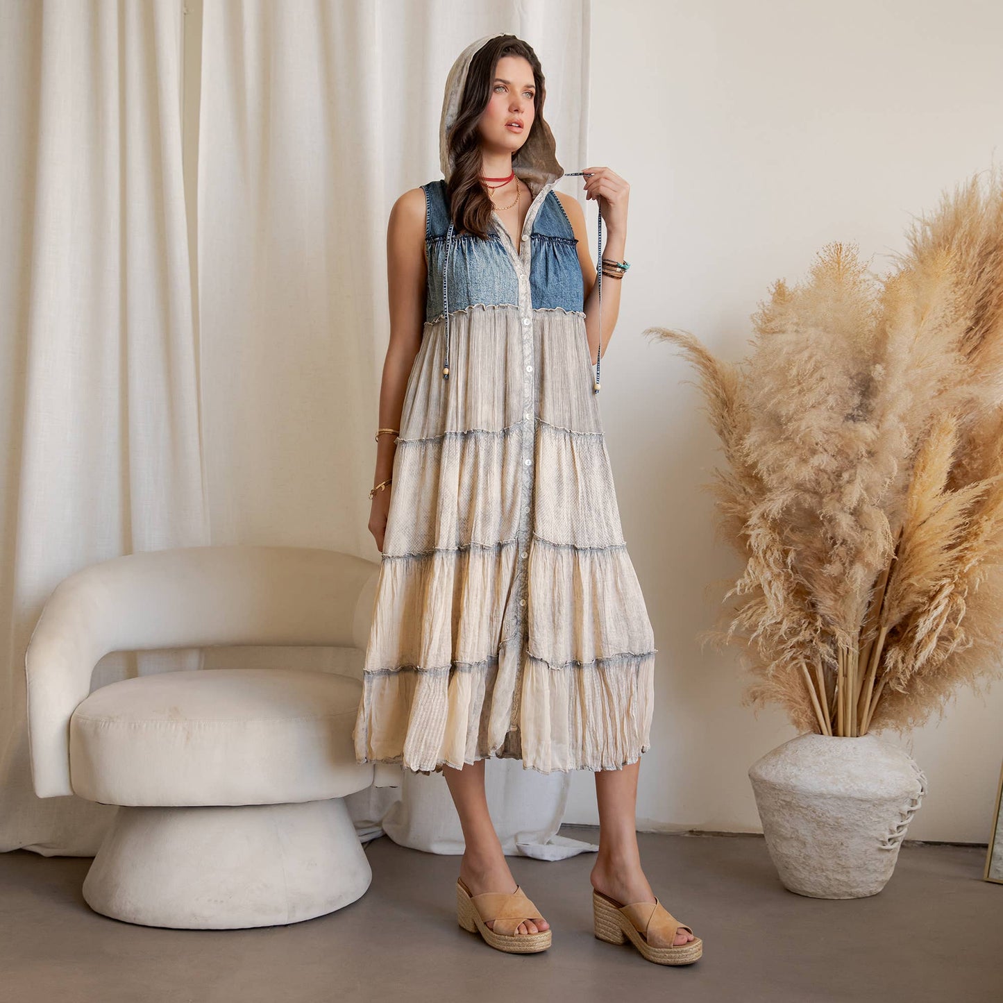 Boho Tiered Sleeveless Maxi Button-Front Duster With Hood 