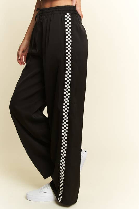JADE BY JANE - SOLID SATIN SWEATPANTS WITH SIDE CHECKERBOARD TAPE