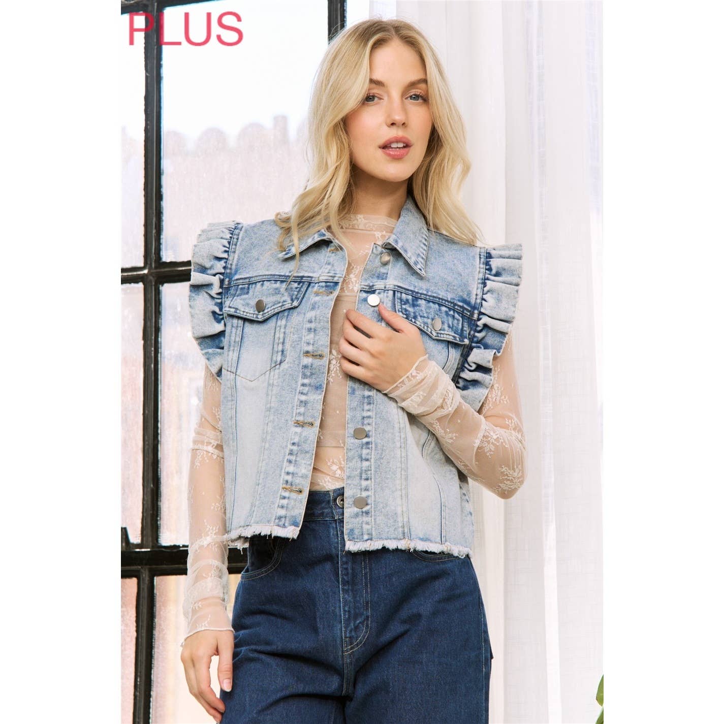 Sweet Generis - DENIM WASH VEST JACKET with ARMHOLE RUFFLE DETAILS