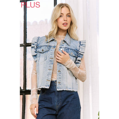 Sweet Generis - DENIM WASH VEST JACKET with ARMHOLE RUFFLE DETAILS