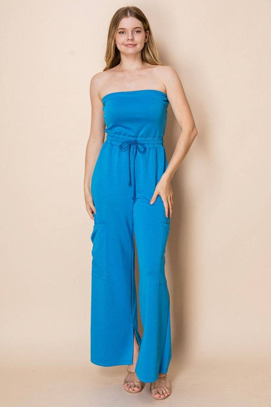 Blue - Sleeveless Solid Knit Jumpsuit