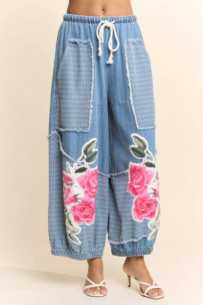 Davi & Dani - DENIM FLOWER PATCHWORK PANTS