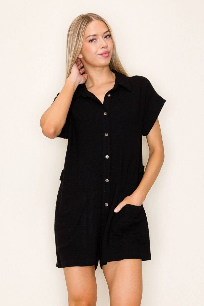 White Birch -Black Short Sleeve Solid Knit Romper