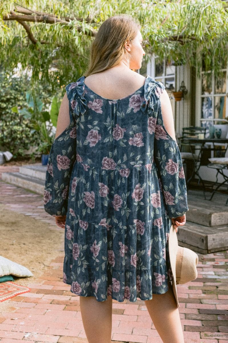 Vintage Jade Floral Babydoll Cold-Shoulder Dress