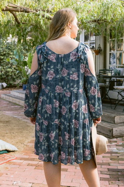 Vintage Jade Floral Babydoll Cold-Shoulder Dress