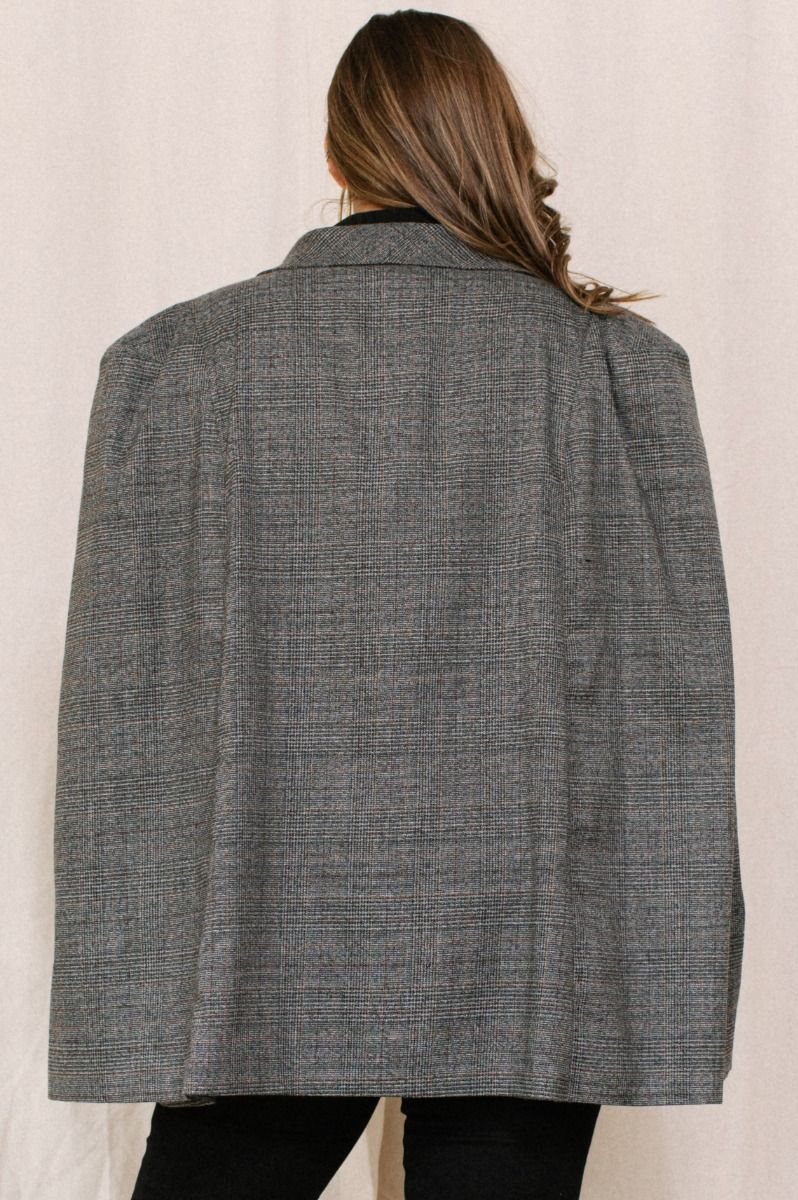 Charcoal Plaid Open Front Cape Jacket