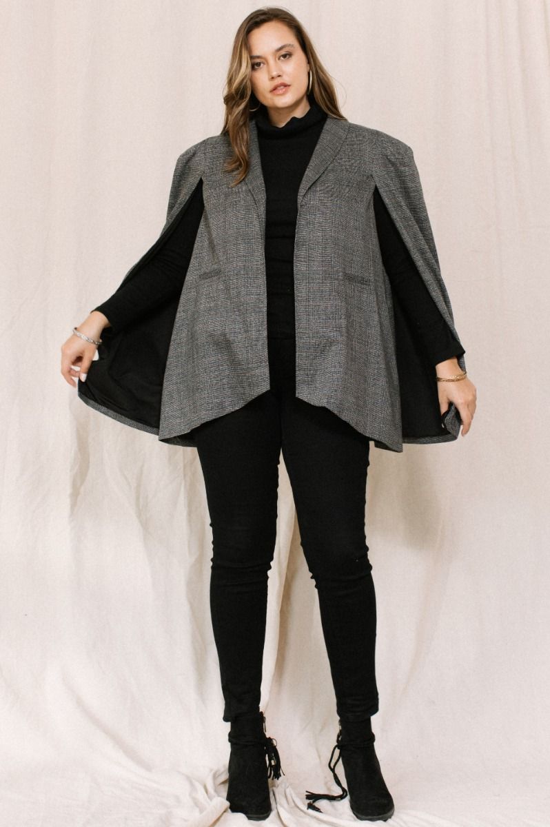 Charcoal Plaid Open Front Cape Jacket