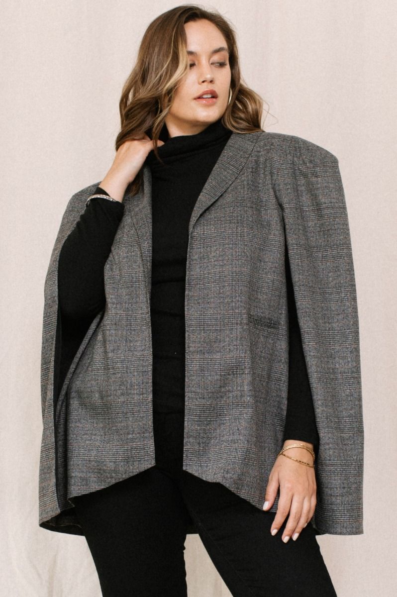 Charcoal Plaid Open Front Cape Jacket