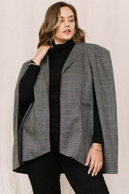 Charcoal Plaid Open Front Cape Jacket