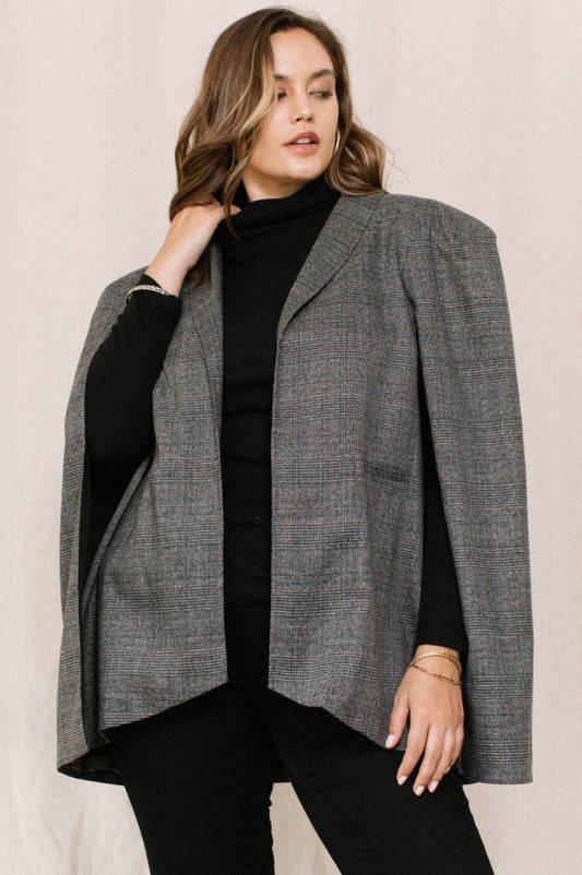 Charcoal Plaid Open Front Cape Jacket