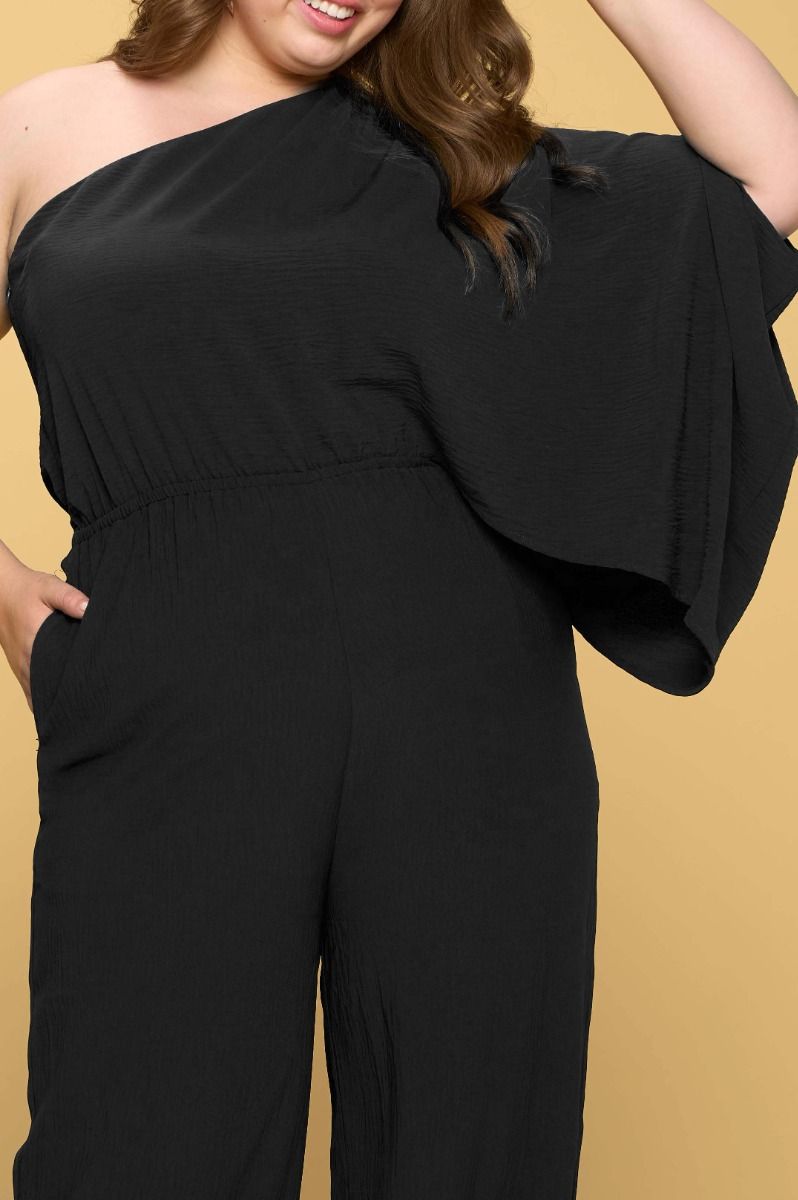 Black Woven One Shoulder Jumpsuit