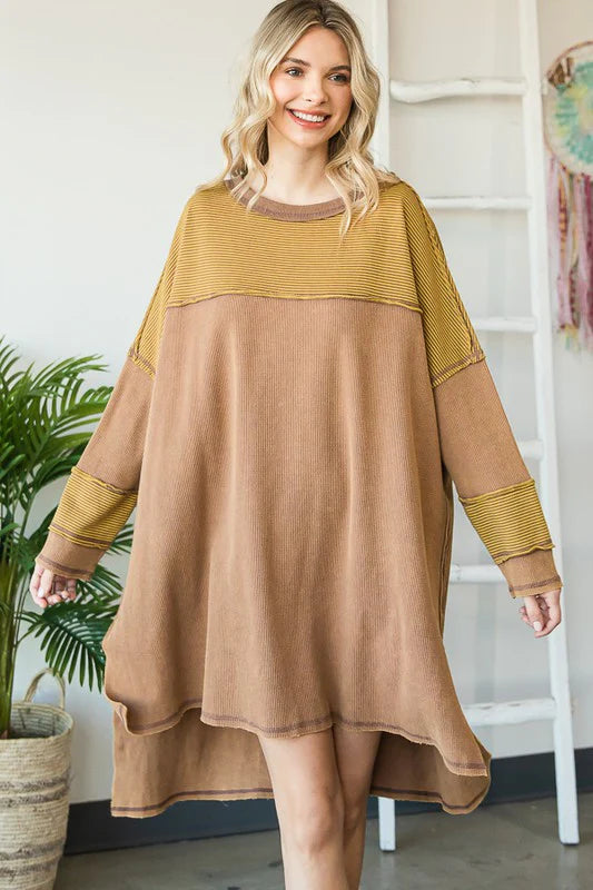 O&I MUSTARD WASHED CONTRAST YOKE LONG SLEEVE TUNIC TOP