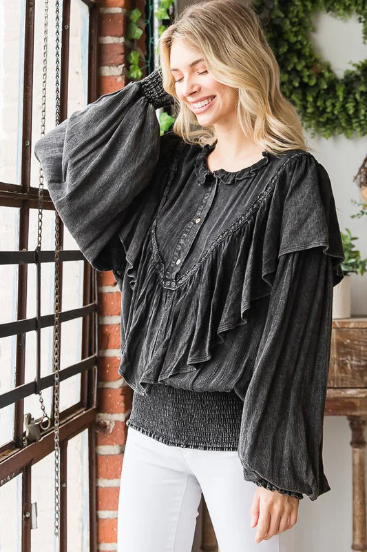 O&I Black WASHED RUFFLE DETAIL WASHED SMOCKED HEM TOP